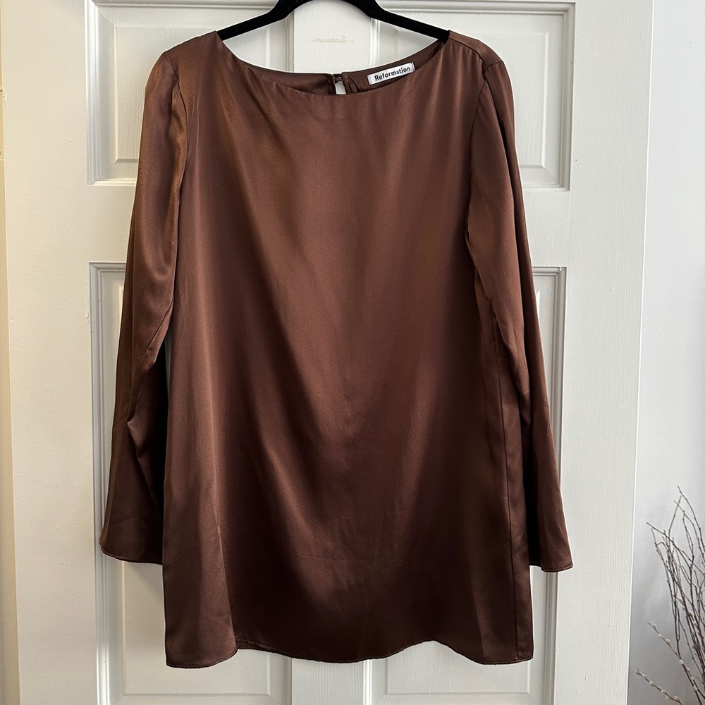 NEW Reformation Ilyse Silk Long-Sleeve Mini Dress Brown (Size S)